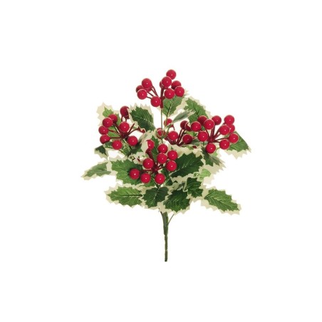 Lot de 12 - Buisson artificiel de houx avec baies X5, 32 cm - panaché rouge 