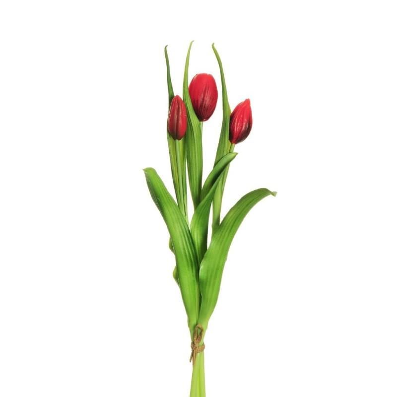 Lot de 12 - Bouquet artificiel de tulipes en caoutchouc toucher réel X3, 40 cm - rouge 