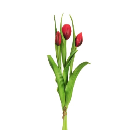 Lot de 12 - Bouquet artificiel de tulipes en caoutchouc toucher réel X3, 40 cm - rouge 