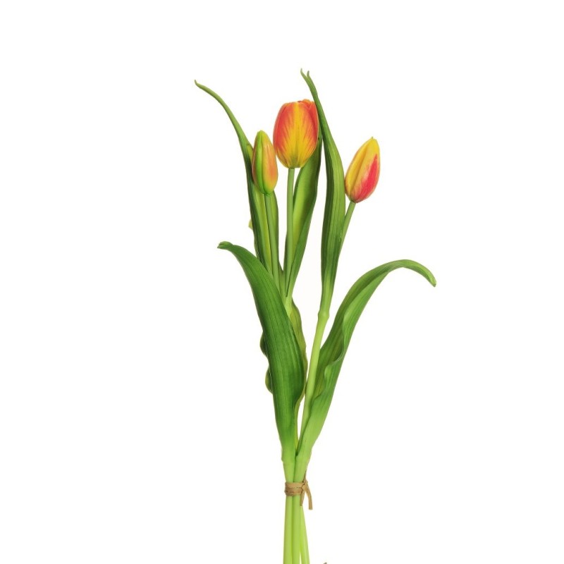 Lot de 12 - Bouquet artificiel de tulipes en caoutchouc toucher réel X3, 40 cm - orange jaune 