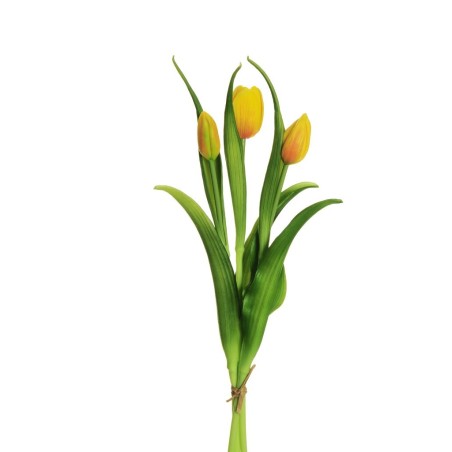 Lot de 12 - Bouquet artificiel de tulipes en caoutchouc toucher réel X3, 40 cm - jaune orange 