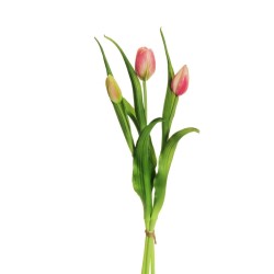 Lot de 12 - Bouquet artificiel de tulipes en caoutchouc toucher réel X3, 40 cm - rose vif crème 
