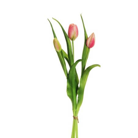Lot de 12 - Bouquet artificiel de tulipes en caoutchouc toucher réel X3, 40 cm - rose vif crème 