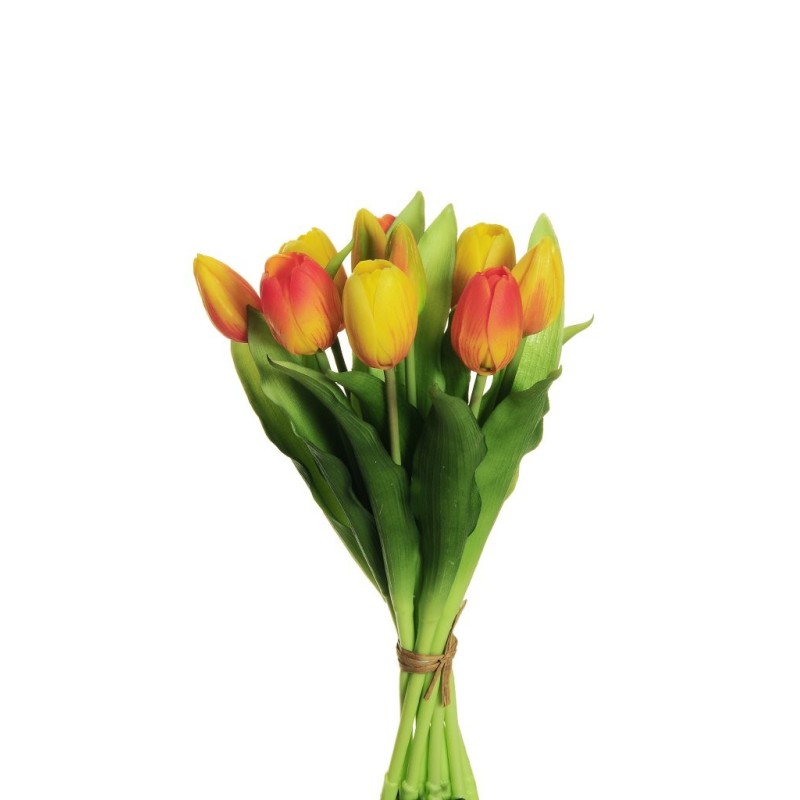 Lot de 6 - Court bouquet artificiel de tulipes en caoutchouc X10, 32 cm - jaune orange 