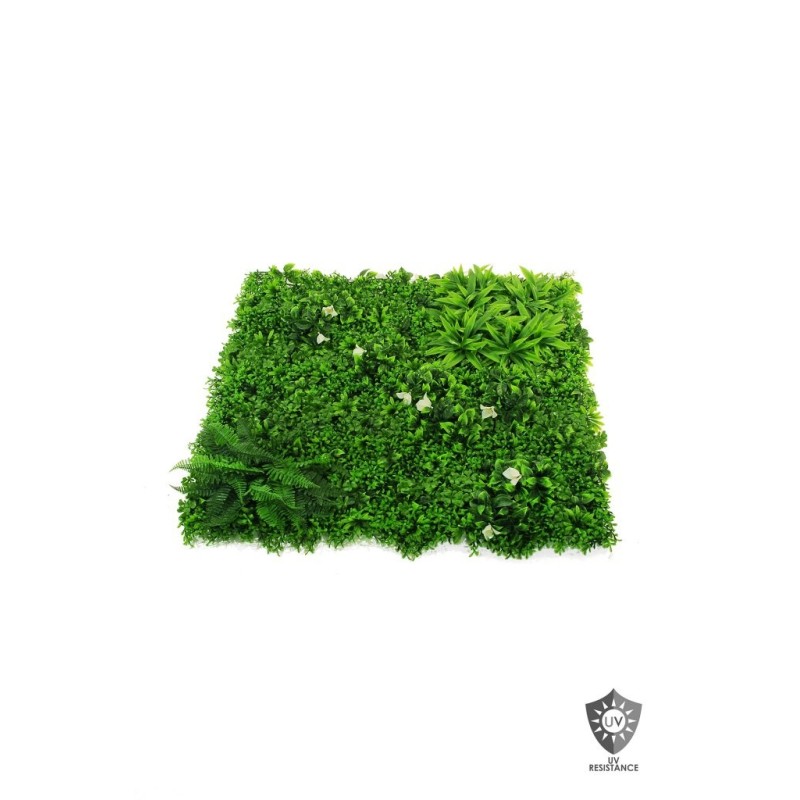 Lot de 5 - Tapis artificiel de fougère et bougainvillier anti-UV, 100 x 100 cm - vert et fleurs blanches 