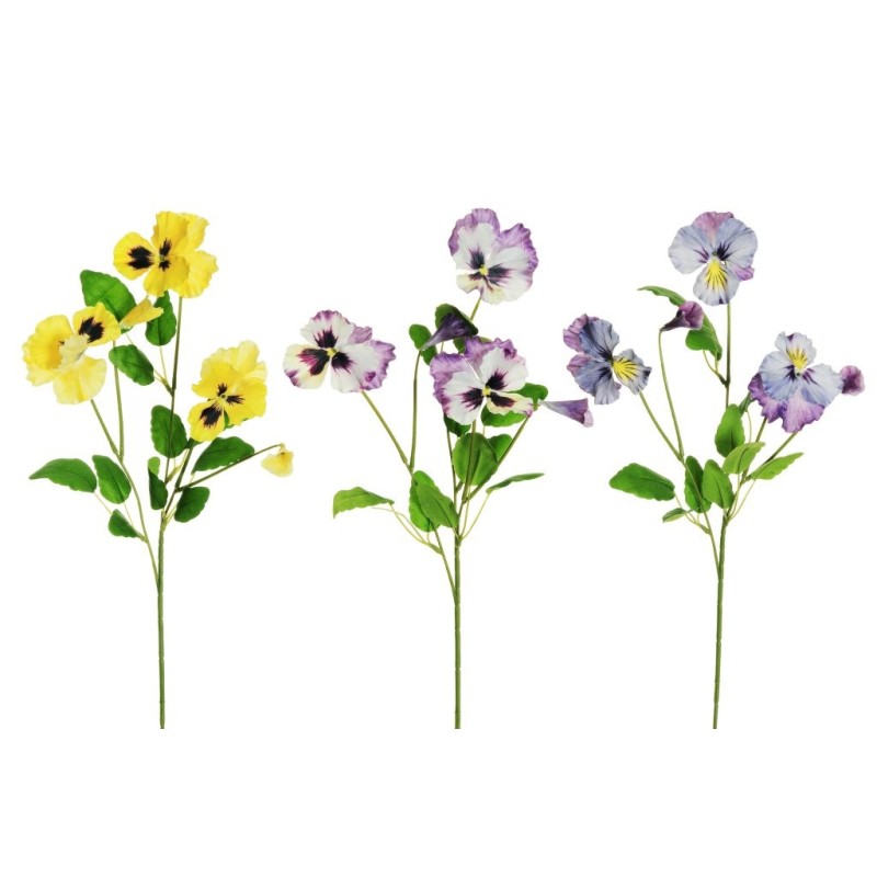 Lot de 24 - Tige artificielle de pensées X3, 70 cm - jaune blanc violet lilas 