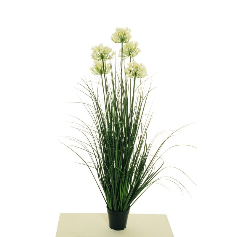 Lot de 4 - Plante artificielle d'herbe en pot avec fleurs d'agapanthe X5, 120 cm - blanc 