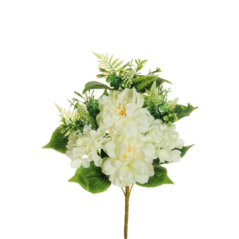 Lot de 12 - Demi-buisson artificiel de pivoines et hortensias X7, 45 cm - blanc 
