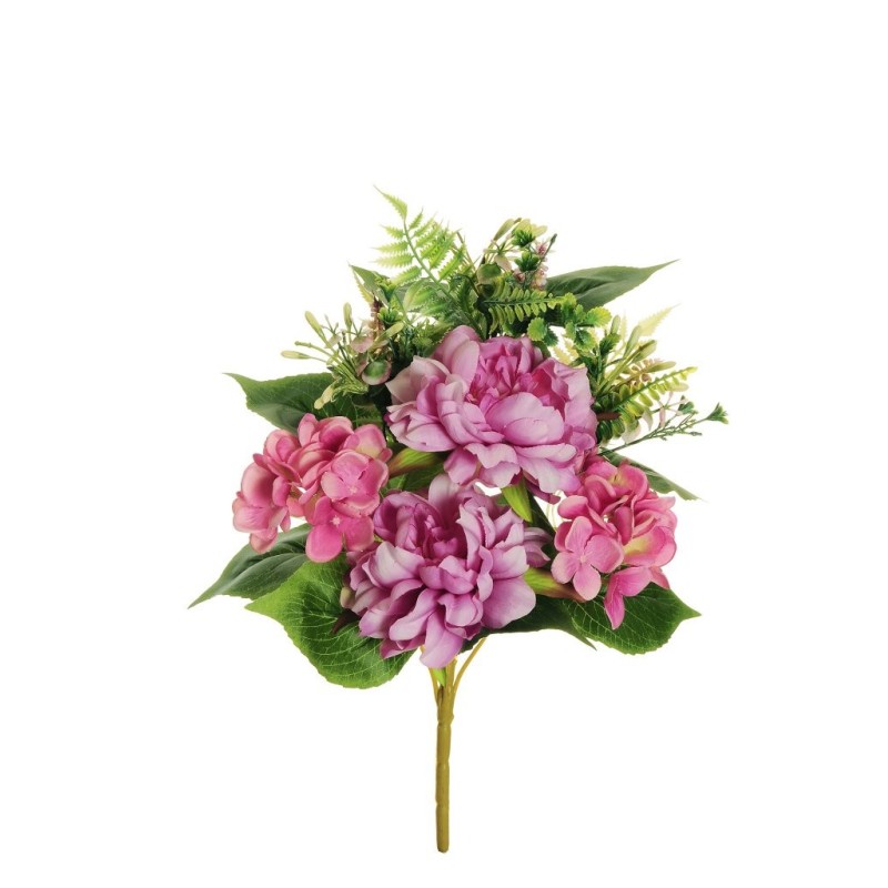 Lot de 12 - Demi-buisson artificiel de pivoines et hortensias X7, 45 cm - violet fuchsia 