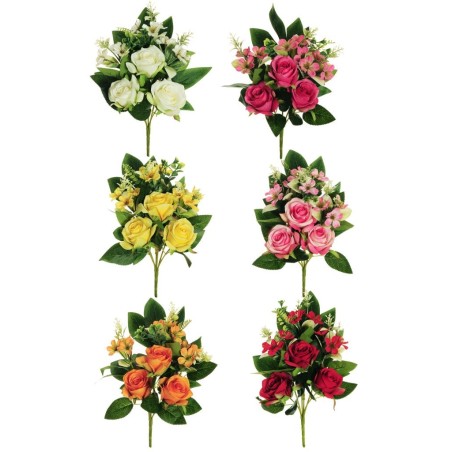 Lot de 12 - Demi-buisson artificiel de boutons de rose X6, 34 cm - blanc rose fuchsia orange jaune rouge 