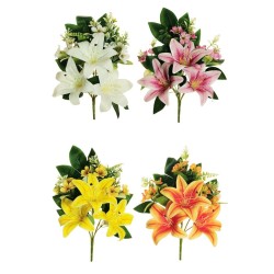 Lot de 12 - Demi-buisson artificiel de lys X6, 35 cm - blanc jaune orange lilas 