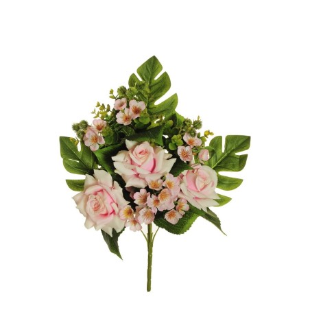 Lot de 10 - Demi-buisson artificiel de roses, eucryphia, eucalyptus et monstera X7, 48 cm - rose clair 