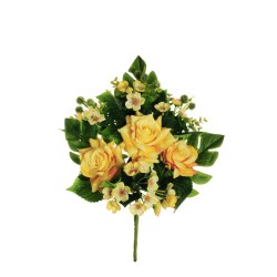 Lot de 10 - Demi-buisson artificiel de roses, eucryphia, eucalyptus et monstera X7, 48 cm - jaune clair 