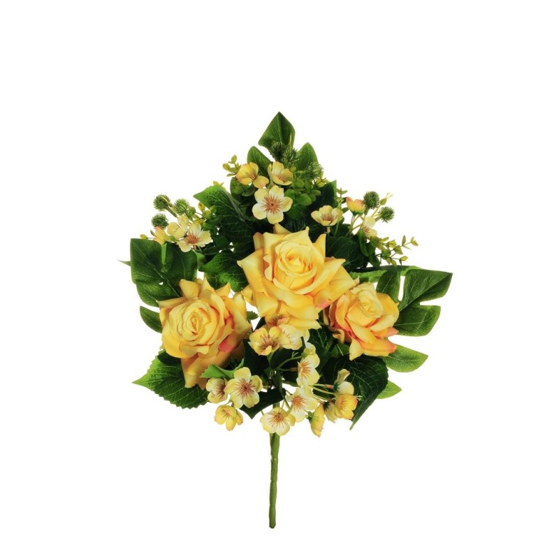 Lot de 10 - Demi-buisson artificiel de roses, eucryphia, eucalyptus et monstera X7, 48 cm - jaune clair 