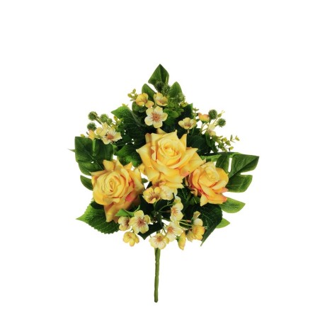 Lot de 10 - Demi-buisson artificiel de roses, eucryphia, eucalyptus et monstera X7, 48 cm - jaune clair 