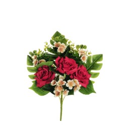 Lot de 10 - Demi-buisson artificiel de roses, eucryphia, eucalyptus et monstera X7, 48 cm - rouge ivoire marron 