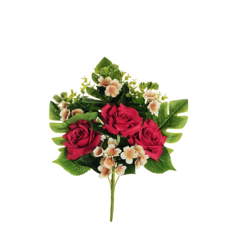 Lot de 10 - Demi-buisson artificiel de roses, eucryphia, eucalyptus et monstera X7, 48 cm - rouge ivoire marron 