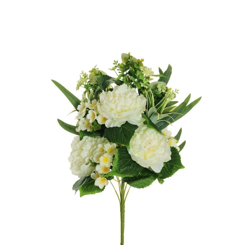 Lot de 8 - Demi-buisson artificiel de pivoines, eucryphia, dracaena et eucalyptus X11, 51 cm - blanc 