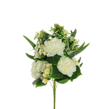Lot de 8 - Demi-buisson artificiel de pivoines, eucryphia, dracaena et eucalyptus X11, 51 cm - blanc 