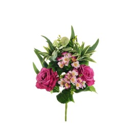 Lot de 10 - Demi-buisson artificiel de roses, eucryphia, dracaena et eucalyptus X7, 45 cm - violet lilas 