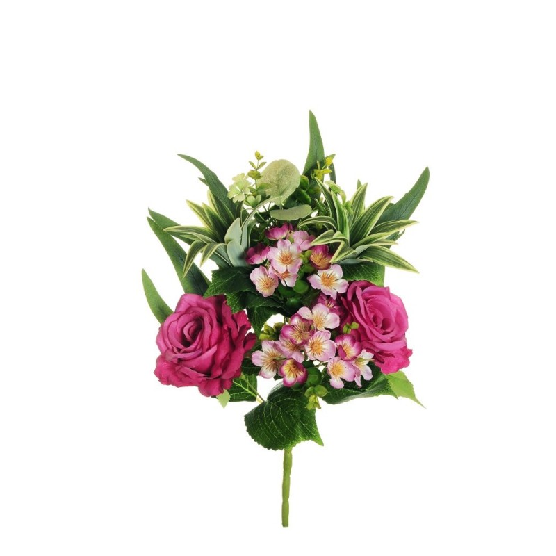 Lot de 10 - Demi-buisson artificiel de roses, eucryphia, dracaena et eucalyptus X7, 45 cm - violet lilas 