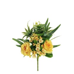 Lot de 10 - Demi-buisson artificiel de roses, eucryphia, dracaena et eucalyptus X7, 45 cm - jaune clair 