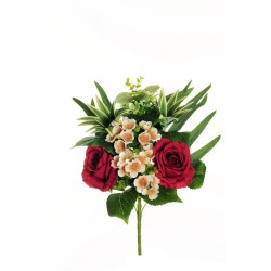 Lot de 10 - Demi-buisson artificiel de roses, eucryphia, dracaena et eucalyptus X7, 45 cm - rouge ivoire marron 
