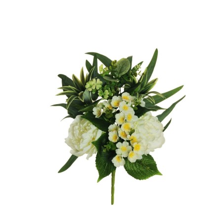 Lot de 10 - Demi-buisson artificiel de pivoines, eucryphia, dracaena et eucalyptus X7, 45 cm - blanc 
