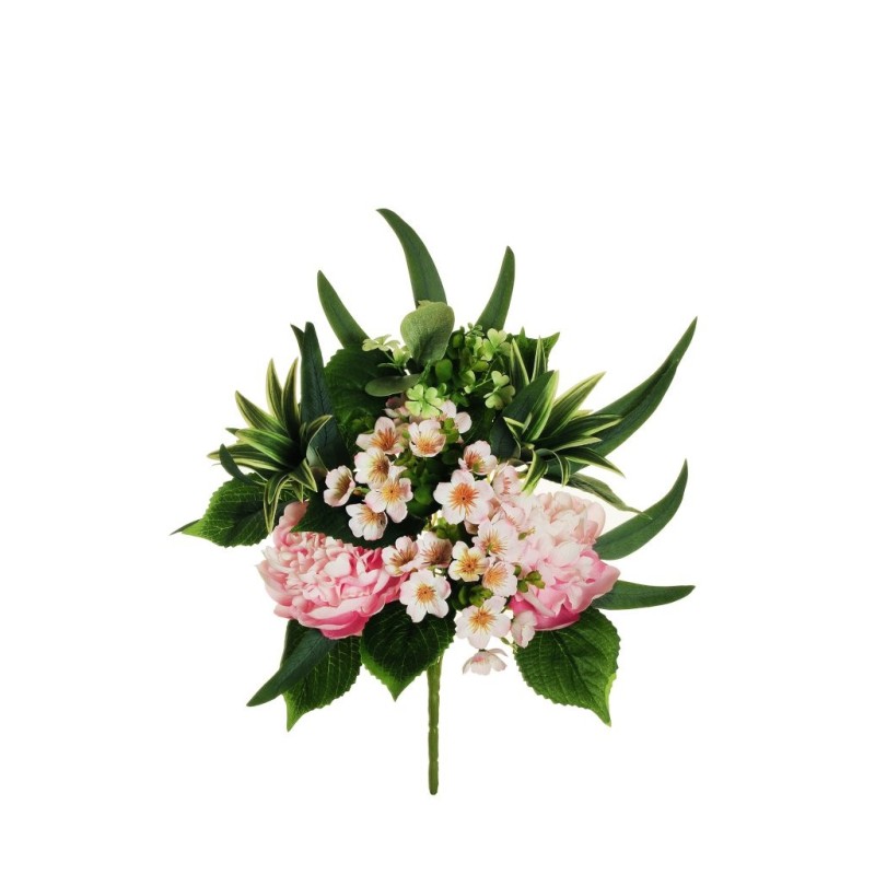 Lot de 10 - Demi-buisson artificiel de pivoines, eucryphia, dracaena et eucalyptus X7, 45 cm - rose 