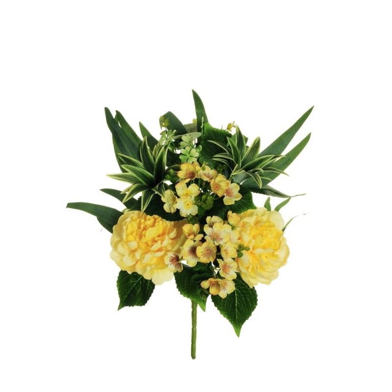 Lot de 10 - Demi-buisson artificiel de pivoines, eucryphia, dracaena et eucalyptus X7, 45 cm - jaune clair 