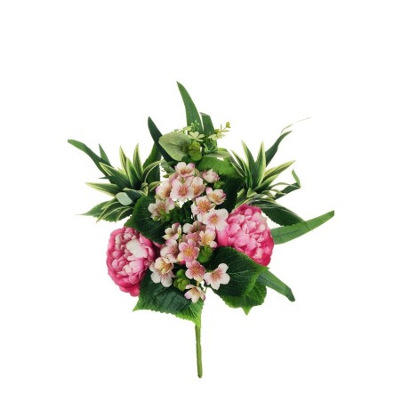 Lot de 10 - Demi-buisson artificiel de pivoines, eucryphia, dracaena et eucalyptus X7, 45 cm - fuchsia violet 