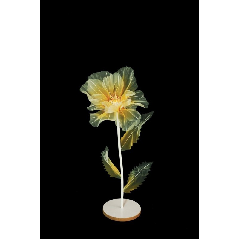 Lot de 6 - Petit coquelicot artificiel organza sur socle bois D. 40 cm, 100 cm - jaune crème 