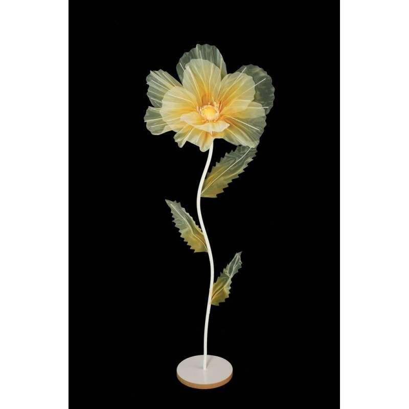 Lot de 6 - Coquelicot artificiel moyen organza sur socle bois D. 50 cm, 140 cm - jaune crème 