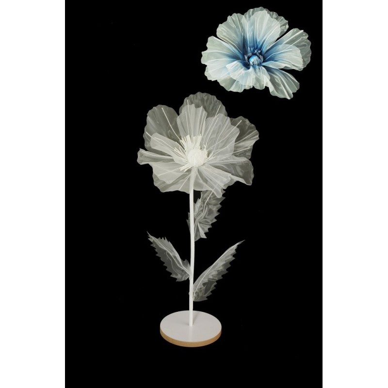 Lot de 6 - Petit coquelicot artificiel organza sur socle bois D. 40 cm, 100 cm - bleu crème 