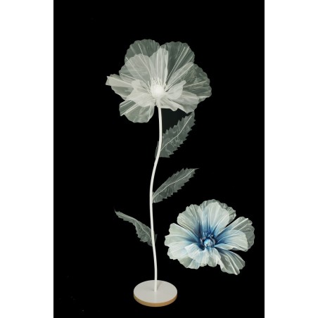 Lot de 6 - Coquelicot artificiel moyen organza sur socle bois D. 50 cm, 140 cm - bleu crème 