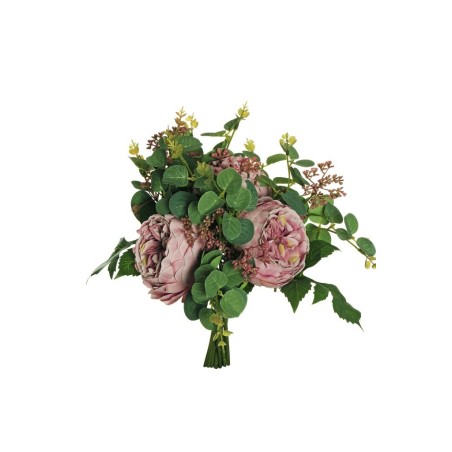 Lot de 6 - Bouquet artificiel de roses chou, eucalyptus et baies X8, 33 cm - mauve 