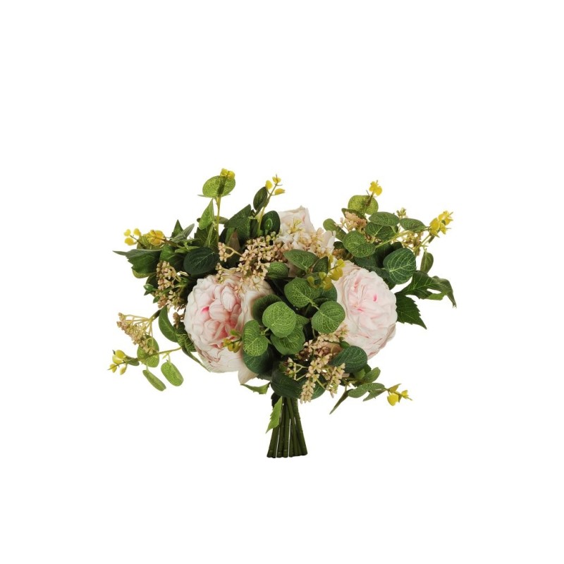Lot de 6 - Bouquet artificiel de roses chou, eucalyptus et baies X8, 33 cm - rose clair 
