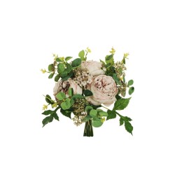 Lot de 6 - Bouquet artificiel de roses chou, eucalyptus et baies X8, 33 cm - rose ancien 