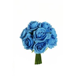 Lot de 12 - Bouquet artificiel de roses de mariée X9, 25 cm - bleu clair 