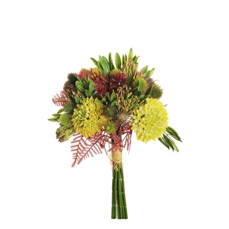 Lot de 12 - Bouquet artificiel avec fleurs gomphrena X6, 35 cm - jaune 
