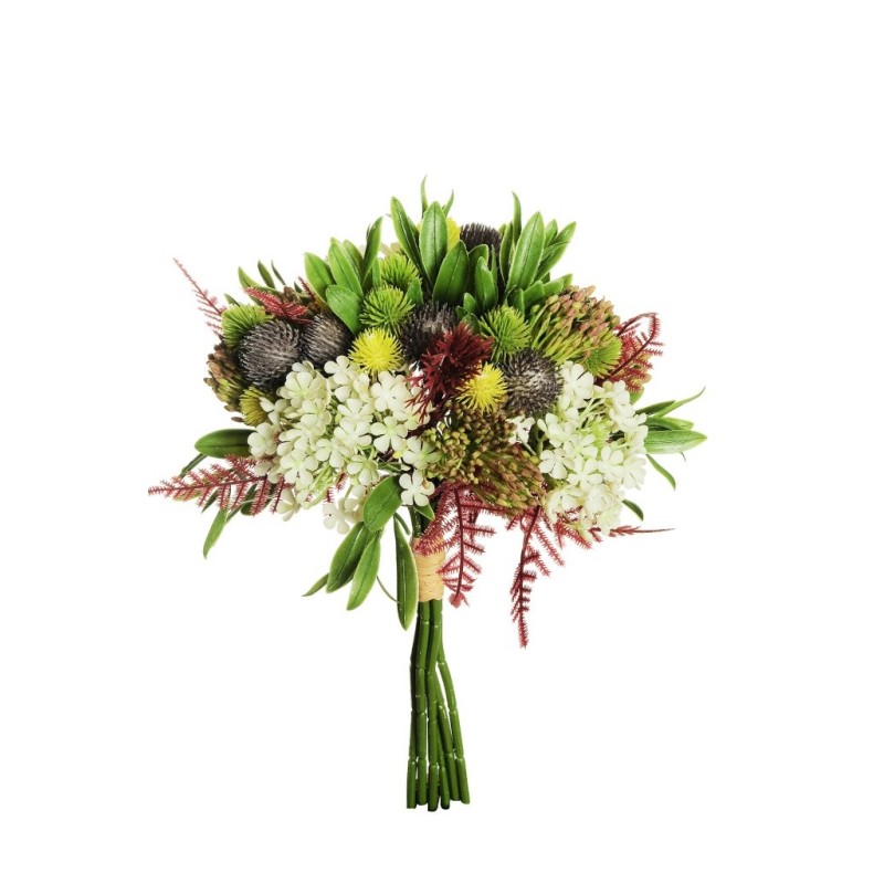 Lot de 12 - Bouquet artificiel avec fleurs boules de neige X6, 33 cm - blanc 