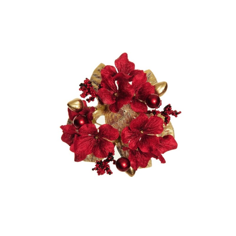 Lot de 24 - Couronne artificielle de bougie hortensia, baies, noix et blé, 12,5 cm - rouge or 