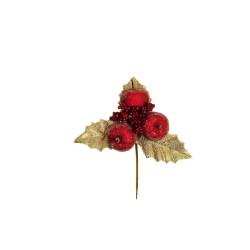 Lot de 48 - Pic artificiel de houx, pommes et baies, 14 cm - rouge or 
