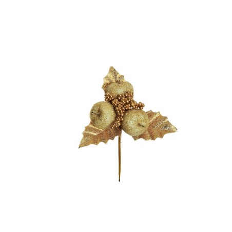 Lot de 48 - Pic artificiel de houx, pommes et baies, 14 cm - ivoire or 