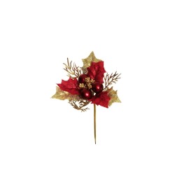 Lot de 48 - Pic artificiel de houx, baies, blé et fougère, 14 cm - rouge or 