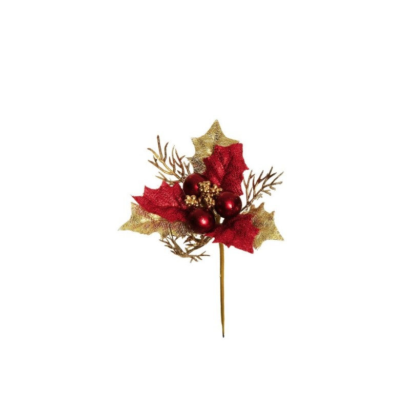 Lot de 48 - Pic artificiel de houx, baies, blé et fougère, 14 cm - rouge or 