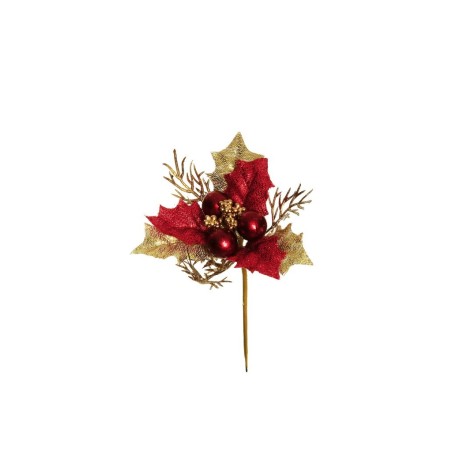 Lot de 48 - Pic artificiel de houx, baies, blé et fougère, 14 cm - rouge or 