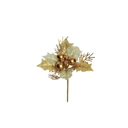 Lot de 48 - Pic artificiel de houx, baies, blé et fougère, 14 cm - champagne or 