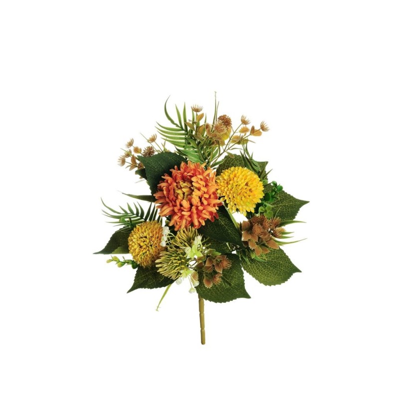 Lot de 8 - Demi-buisson artificiel de chrysanthème araignée et cordyfolium X7, 48 cm - orange jaune 