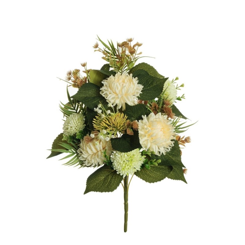 Lot de 6 - Demi-buisson artificiel de chrysanthème araignée et cordyfolium X11, 60 cm - blanc crème 